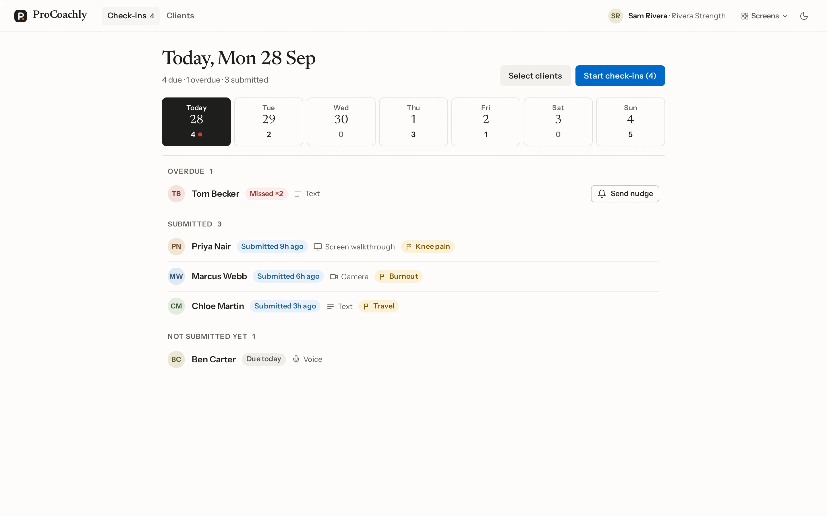 ProCoachly check-ins: who submitted, who is overdue, and what needs a reply